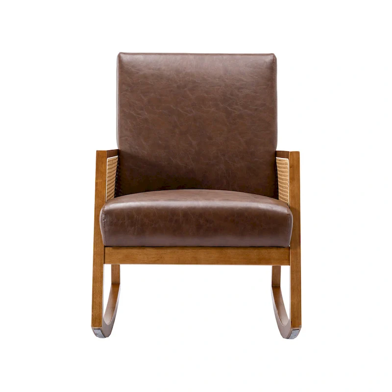 Modern PU Leather Rocking Chair with Rattan Arms