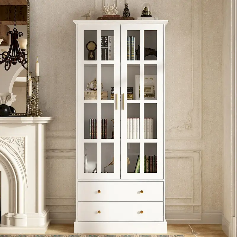 Display Cabinet with Glass Doors Bookcase Accent Living Room Hallway - 70.1Hx31.5W