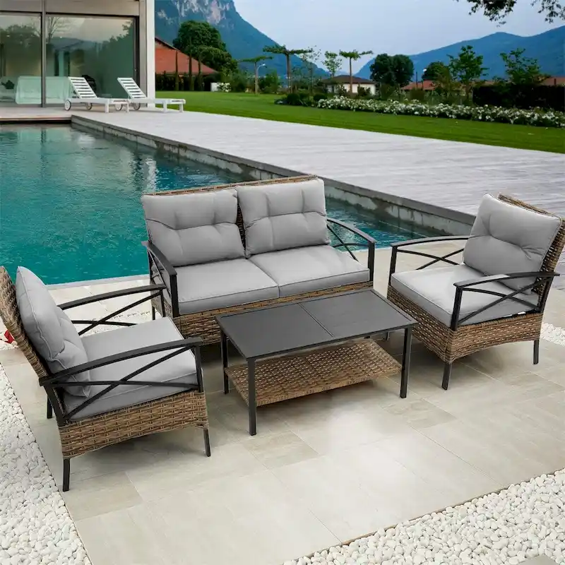 Patio 4 Piece Sectional Low Dining Conversation Sofa Set w/ Cushion
