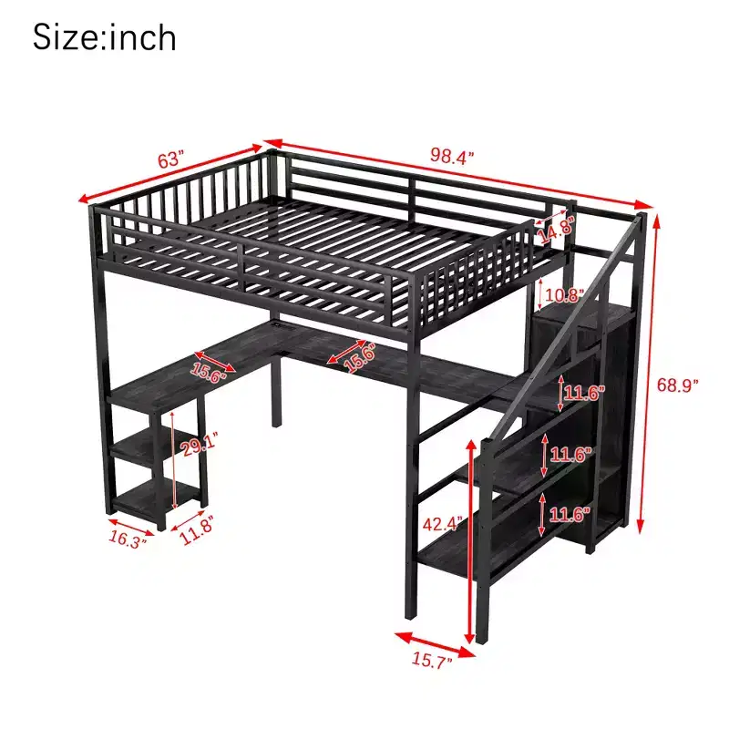 Full/Queen Metal Loft Bed with Wardrobe, L-Shaped Desk, USB & LED Lights, Space-Saving Gaming Loft Bed Frame - ModernLuxe