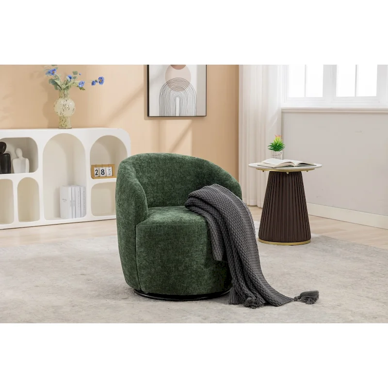 Chenille Fabric Swivel Accent Armchair Barrel Chair With Black Powder Coating Metal Ring