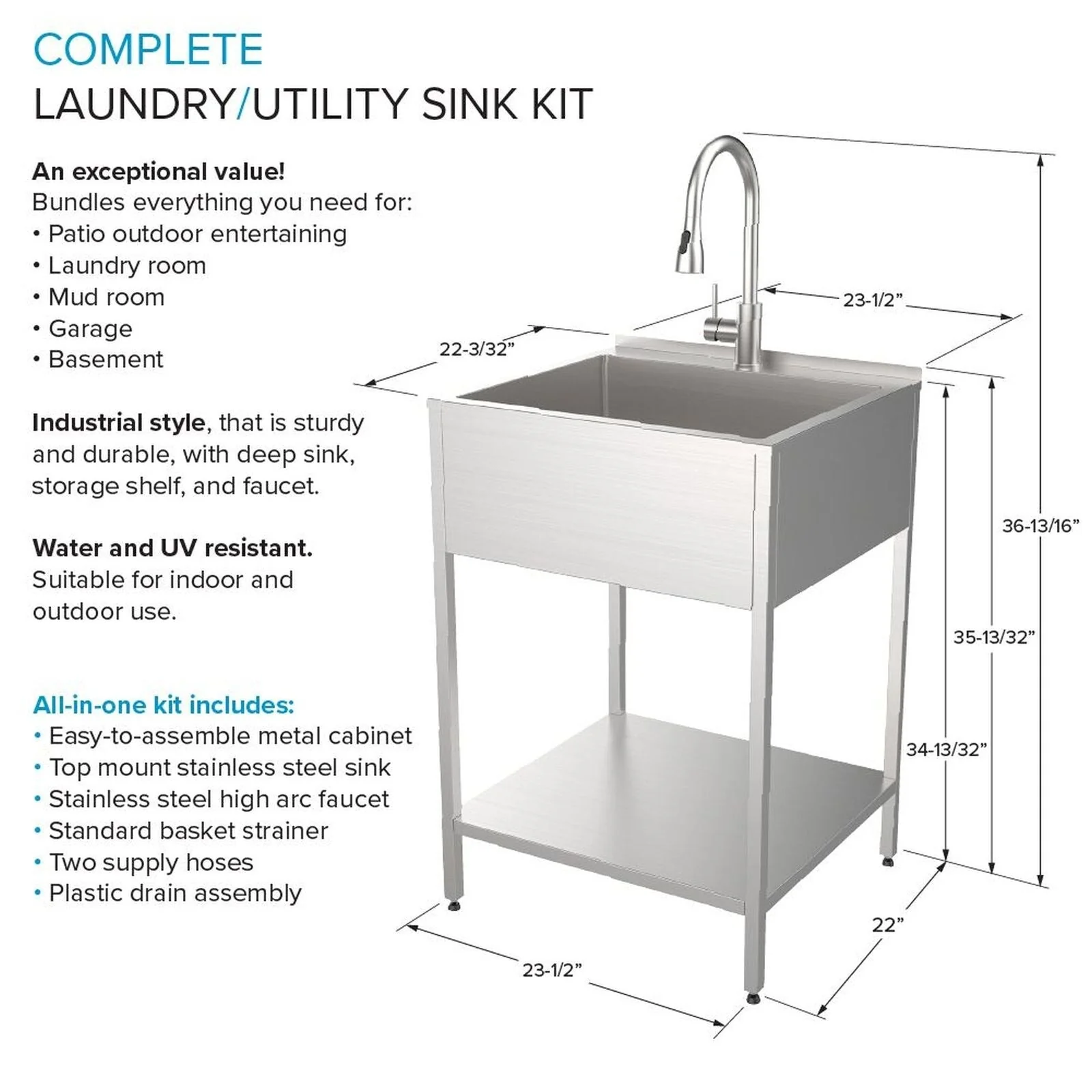 Transolid EWS-2422S 24-in W x 22-in D x 35-in H Stainless Steel Laundry Sink and Wash Stand - 24-in x 22-in