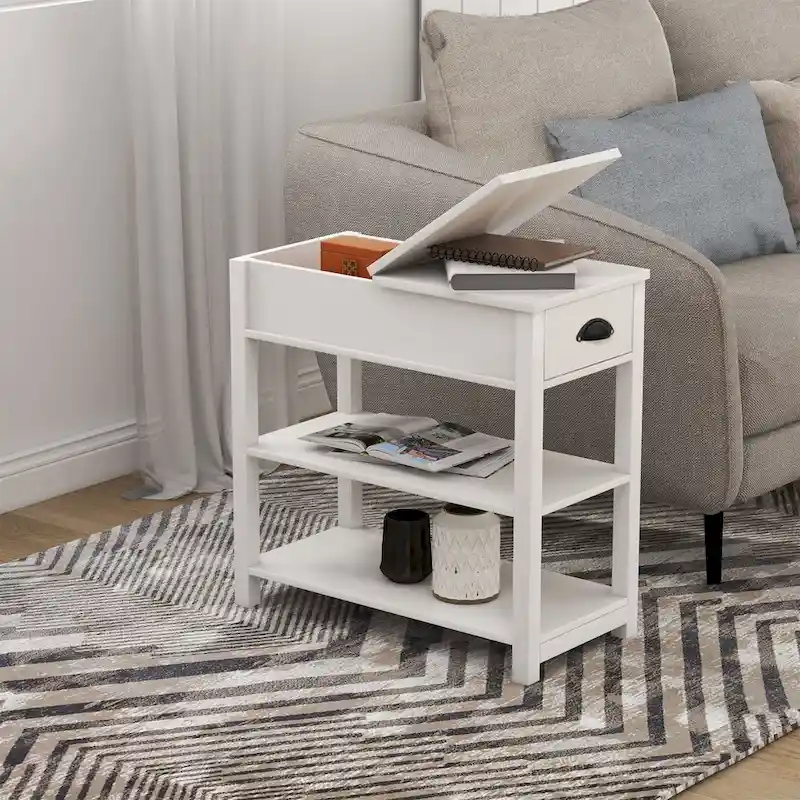 Narrow Flip Top Side Table with Drawer End Table with 2-Tiers Open Storage Shelves Sofa Table for Living Room,Bedroom