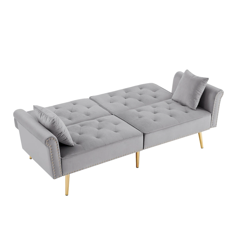 Velvet Tufted Sofa Couch with 2 Pillows and Nailhead Trim