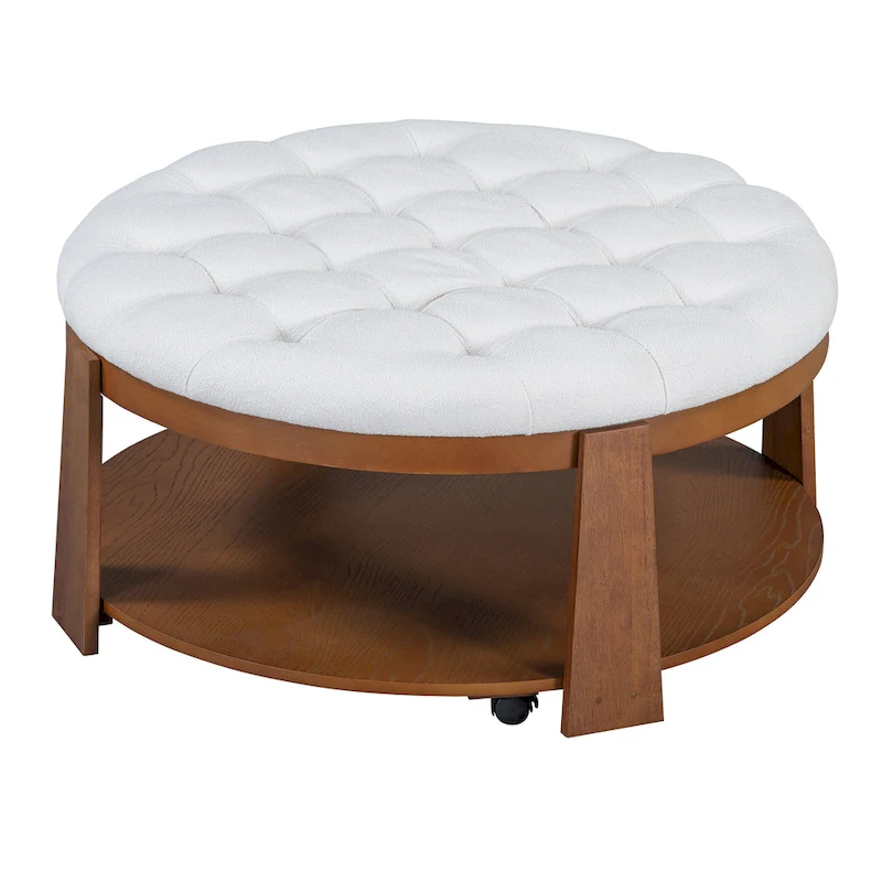 36  Round Button Tufted Upholstered Coffee Table with Wood Shelf and Wheel
