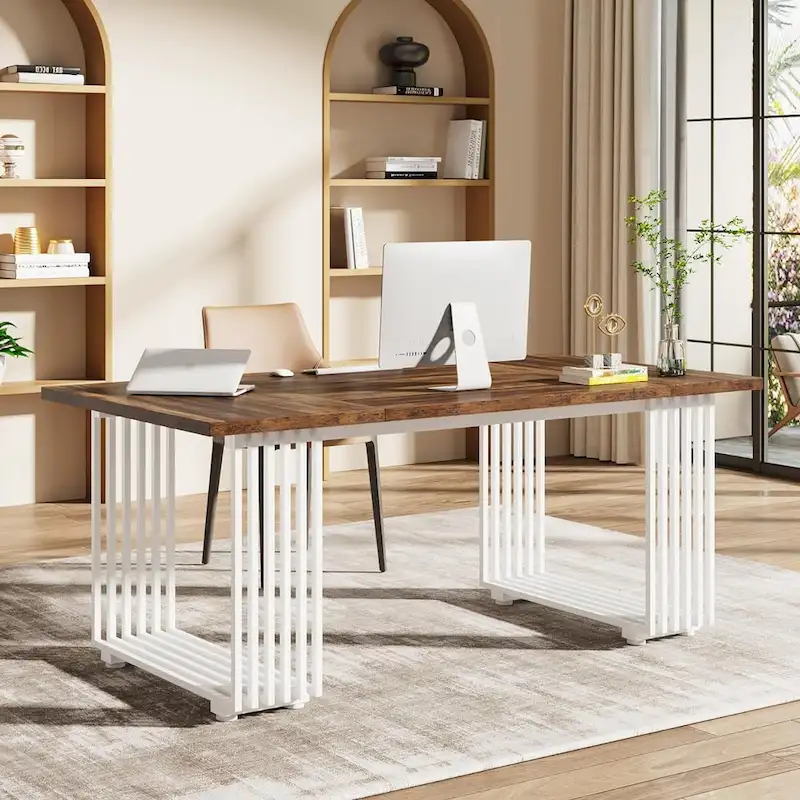 70.9 Modern Office Desk Wood Computer Desk, White Gold Executive Desk