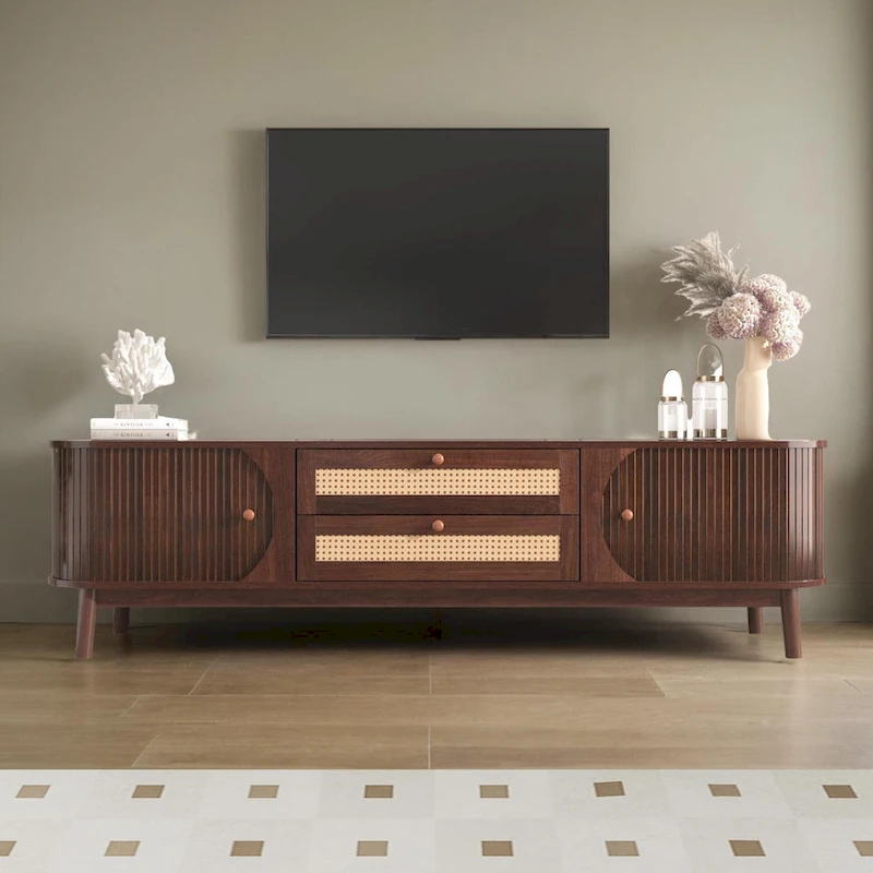 Rattan TV Stand for TVs up to 75Modern Farmhouse Media Console,Entertainment Center with Solid Wood Legs