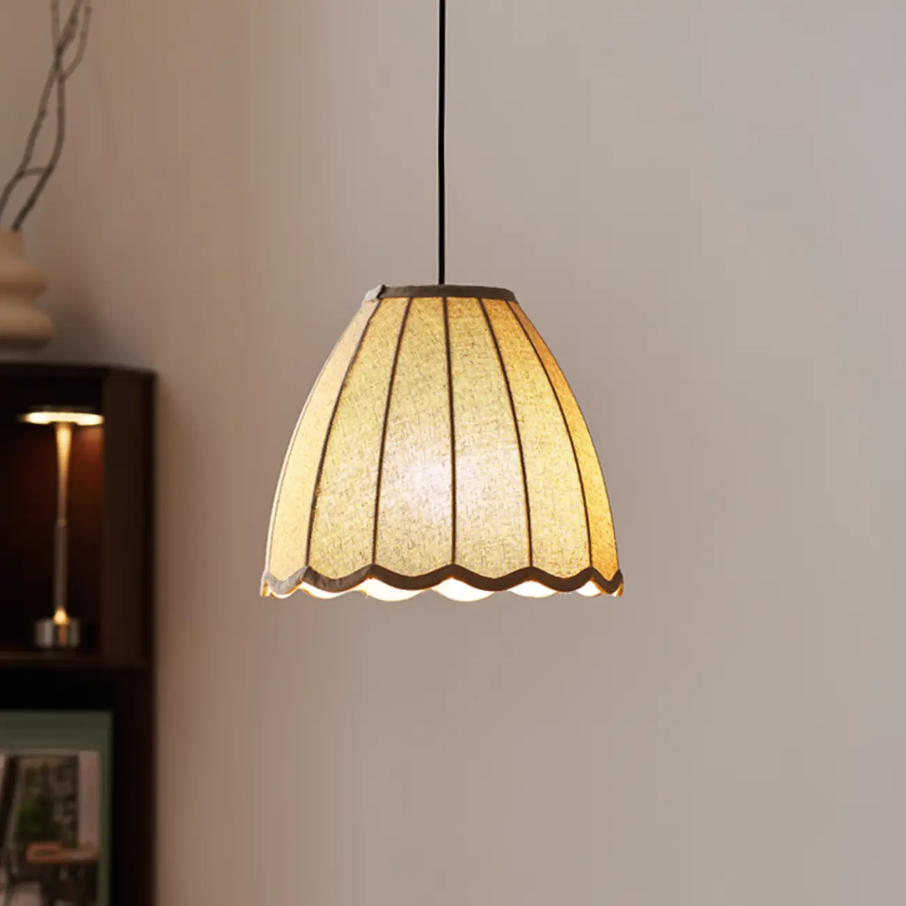 Beige Bell Shaped Fabric Pendant Light Hanging Fixture