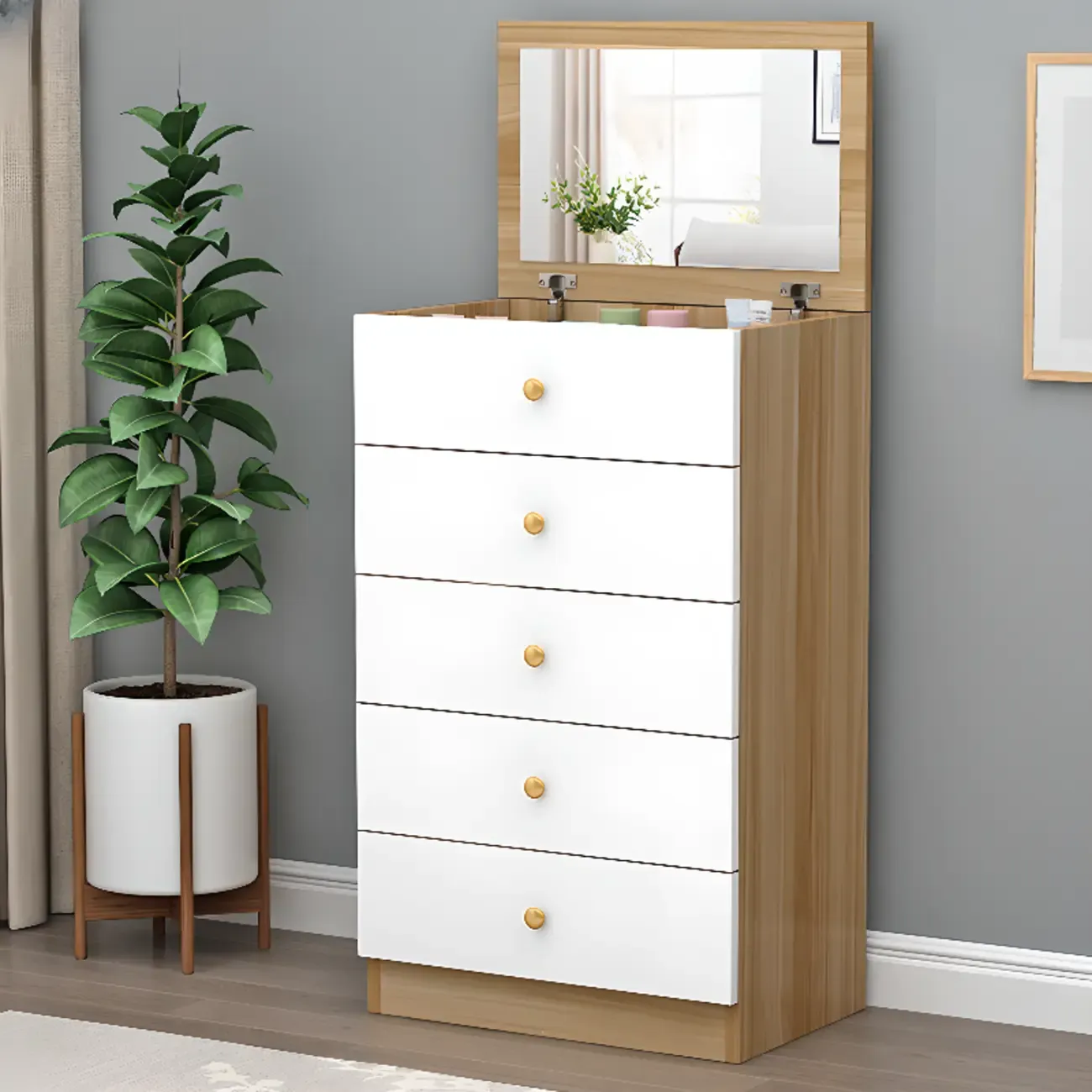 Narrow Wood 5-Drawer Vanity Dresser with Bulti-in Mirror