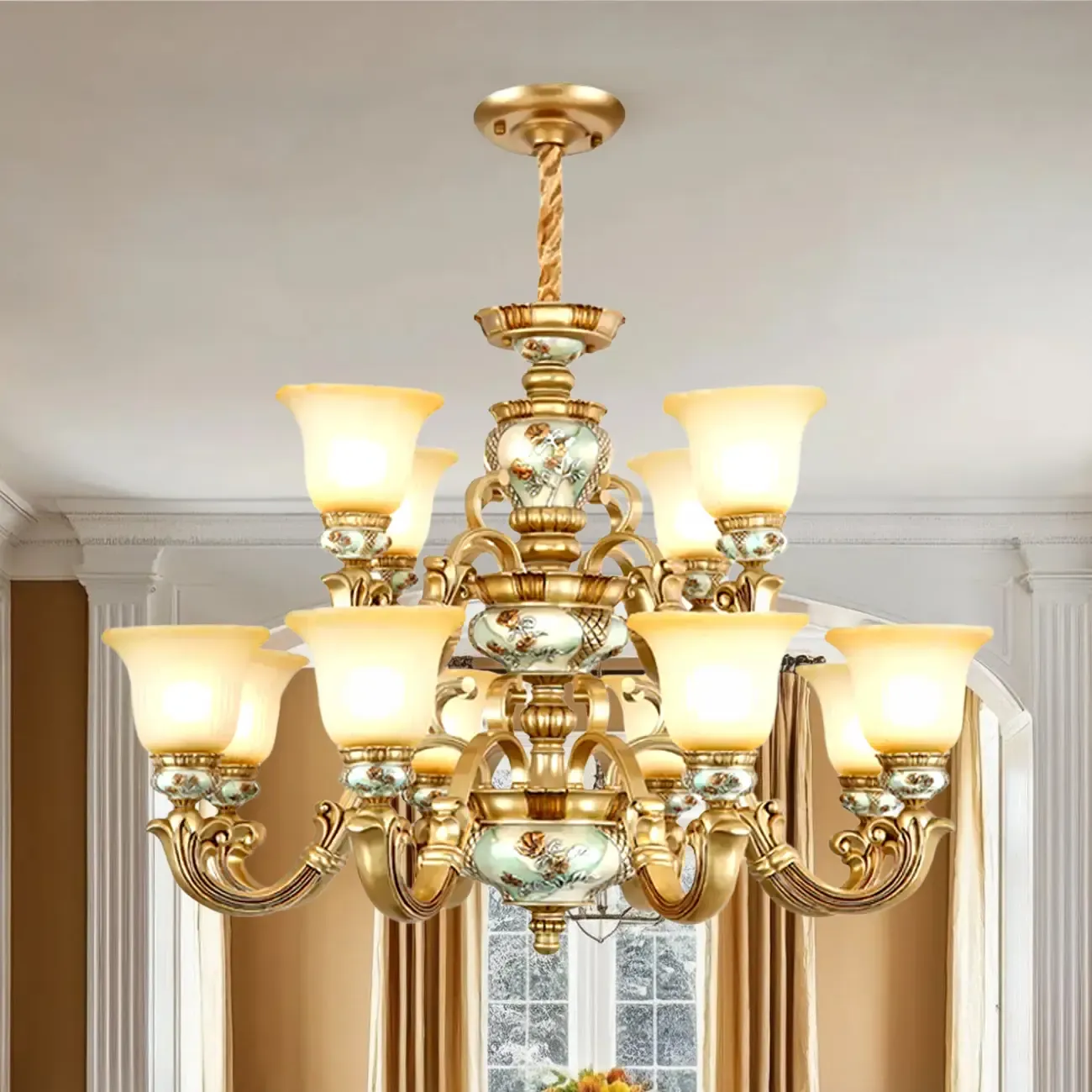 Antique Gold Ceramic Chandelier with Frosted Glass Bell Shape