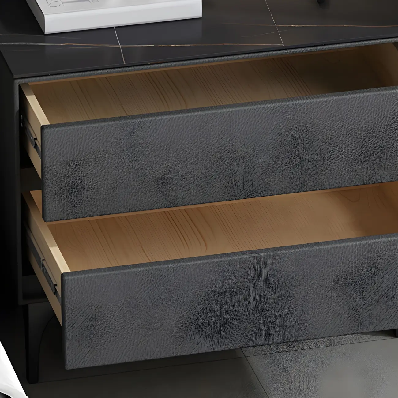 Modern Stone Top Faux Leather 2-Drawer Nightstand