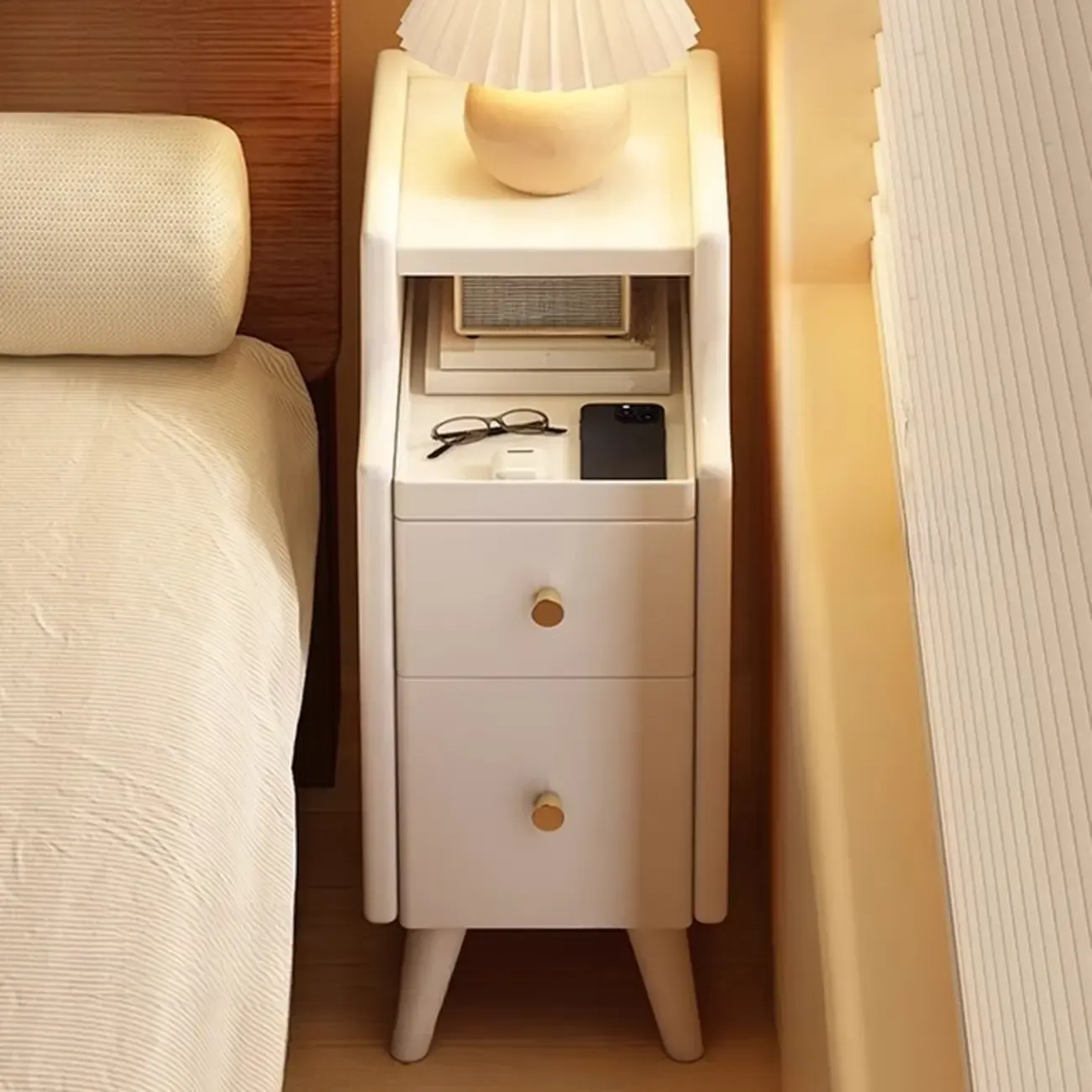 White Wood Narrow Nightstands with Drawers