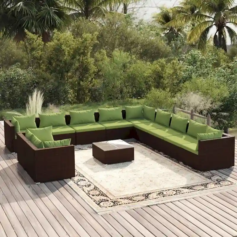 vidaXL Patio Lounge Set with Cushions Brown Poly Rattan - 27.6  x 27.6  x 24  - 27.6  x 27.6  x 24