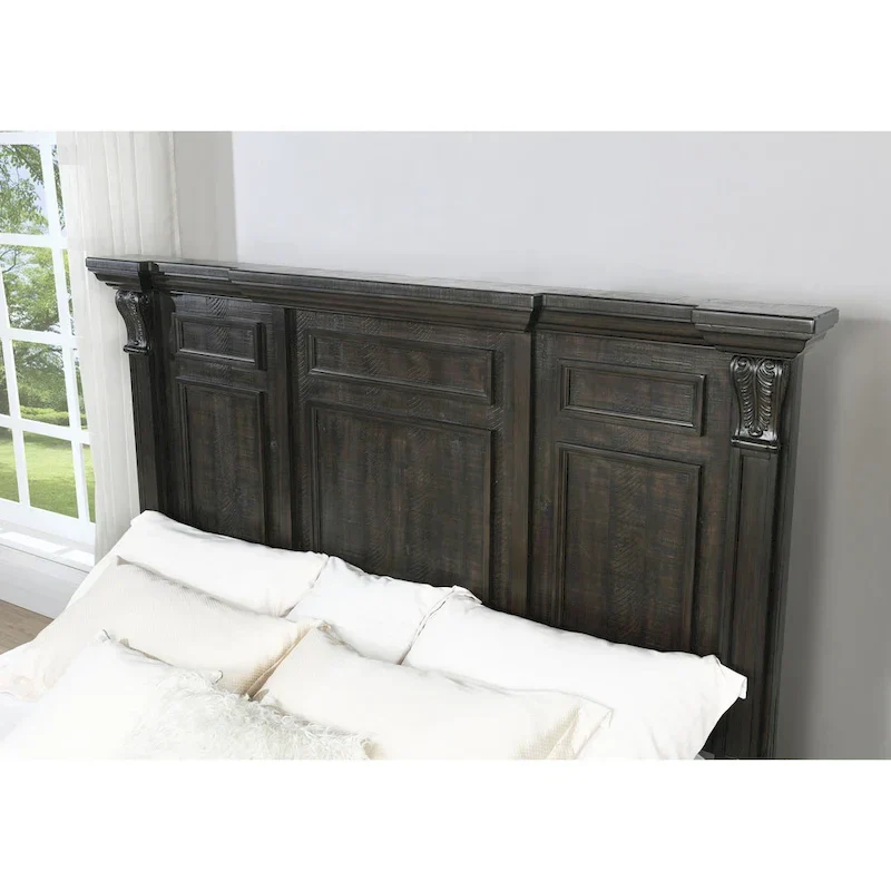 Distressed Dark Walnut Wood Panel Bedroom Set - 5 Pieces