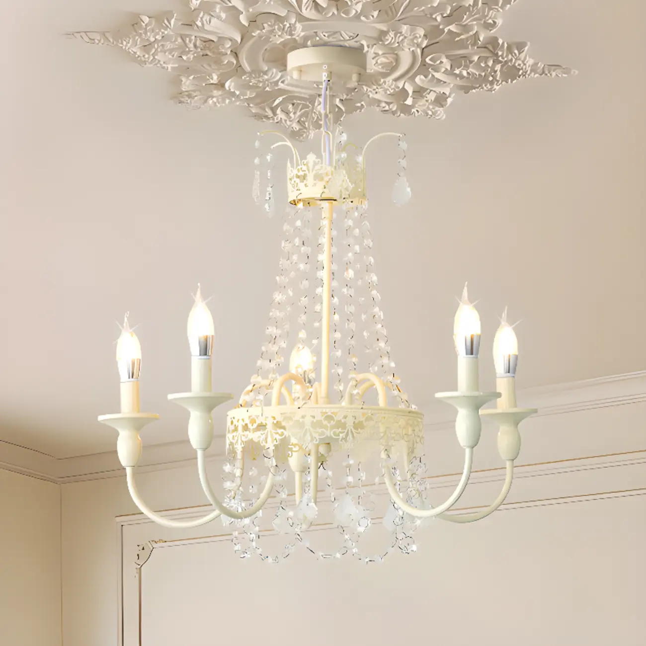 White Crystal Chandelier Classic Iron Elegant Design