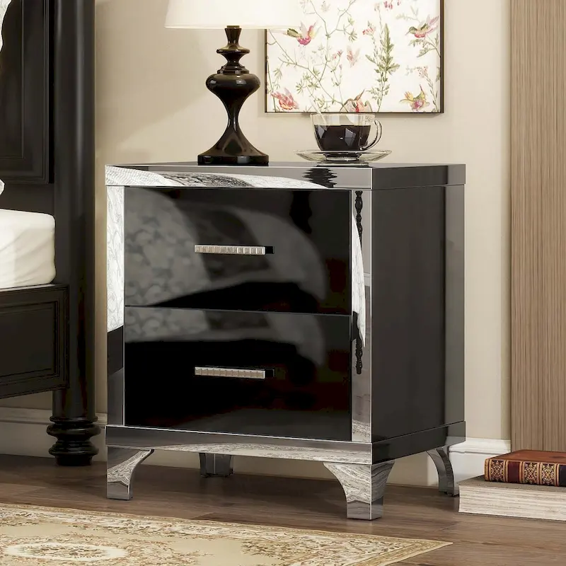 Elegant High Gloss Mirrored Nightstand with Metal Handle