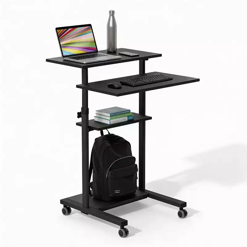 Height Adjustable Mobile Standing Desk with Locking Wheels, 4 Shelves, 132 lbs Capacity, Black