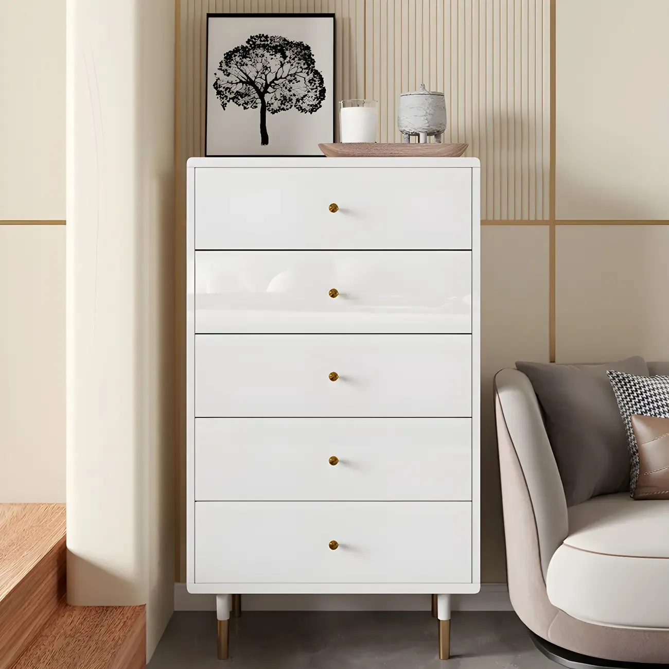 Modern Wooden White Dresser with Gold Handles