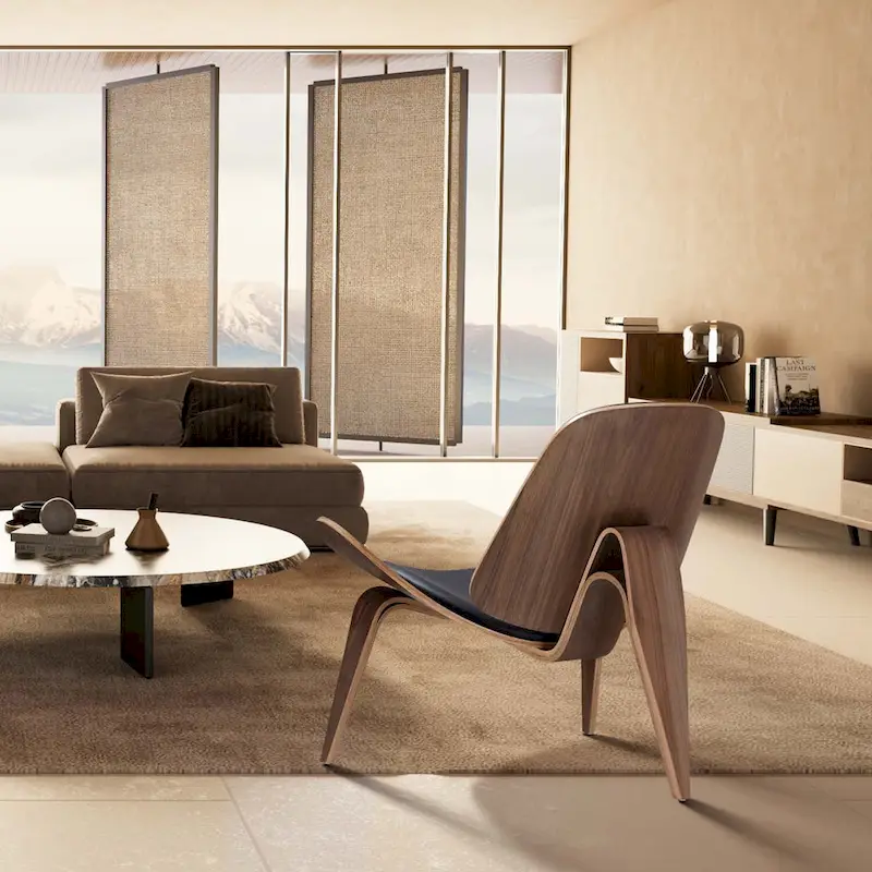 Mid-Century Style Shell Chair Upholstered Leather Lounge Chair