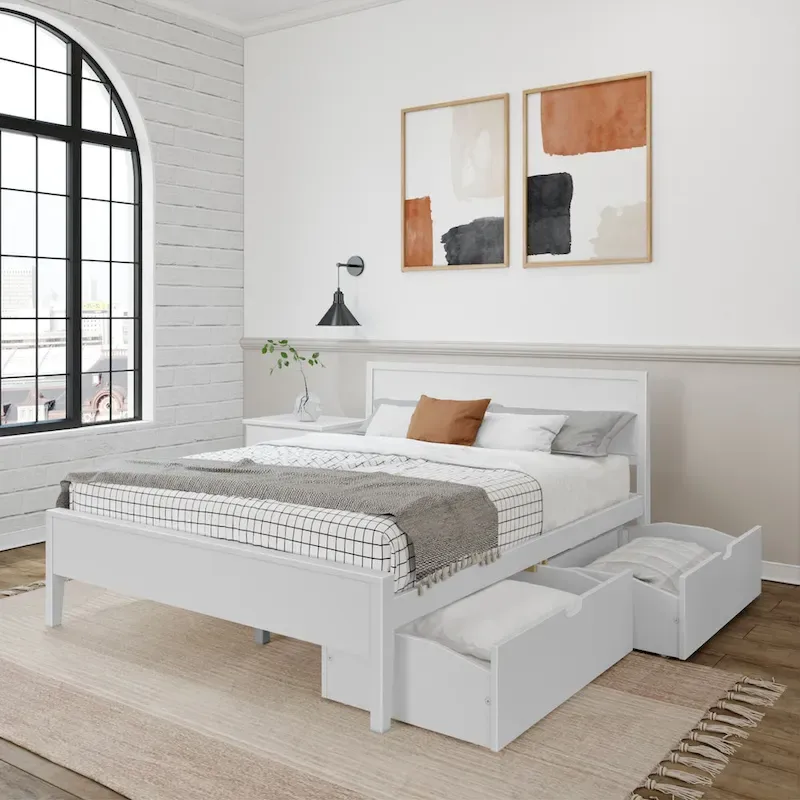 White / Clay Queen Bed with Panel Headboard & Storage Drawers, Sleeps 2