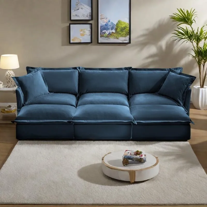 120 Chenille 3-Seater Sofa Set with 3 Ottomans, Sleeper Function & Removable Slipcovers