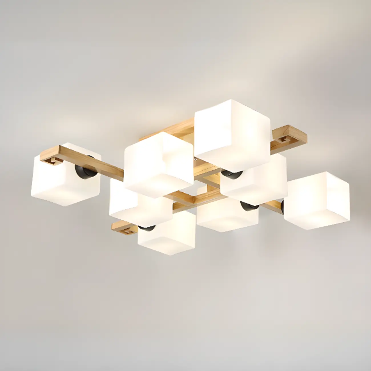 8.5 Height Square Glass Natural Wood Semi Flush Ceiling Light