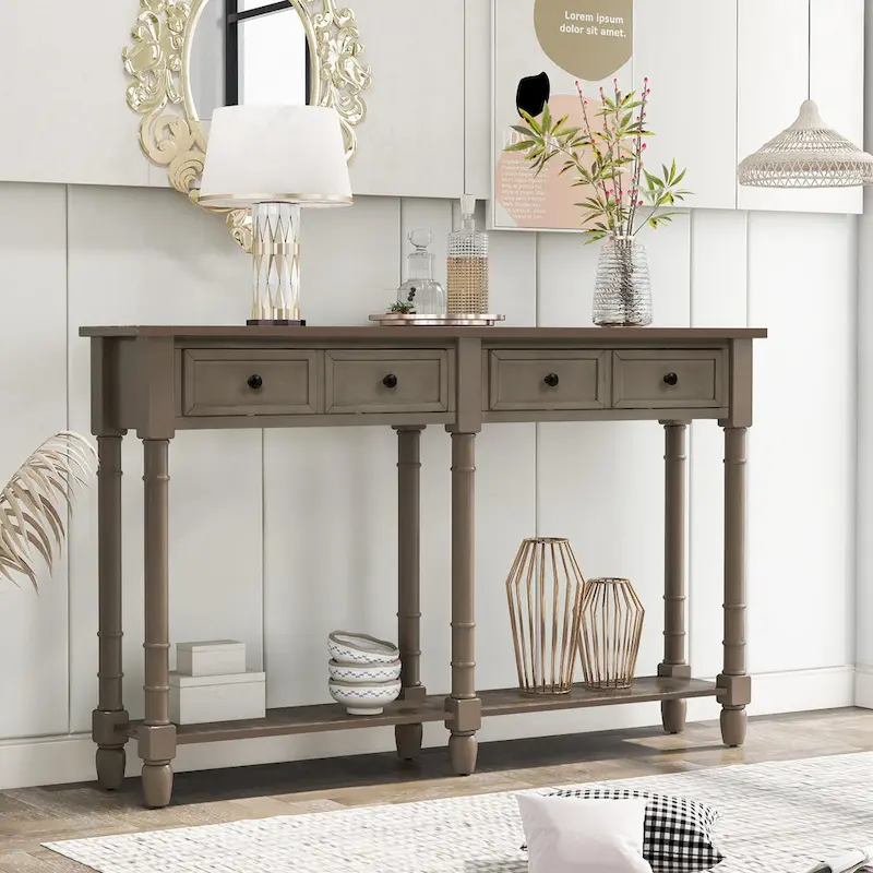 Trexm Console Sofa Table with Two Storage Drawers And Bottom Shelf