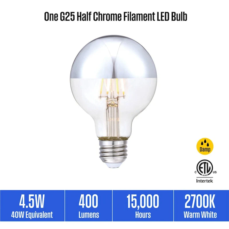 Westinghouse Lighting 4.5-Watt (40-Watt Equivalent) Half Chrome G25 Dimmable Filament LED Light Bulb, Medium Base - 1/2 Chrome