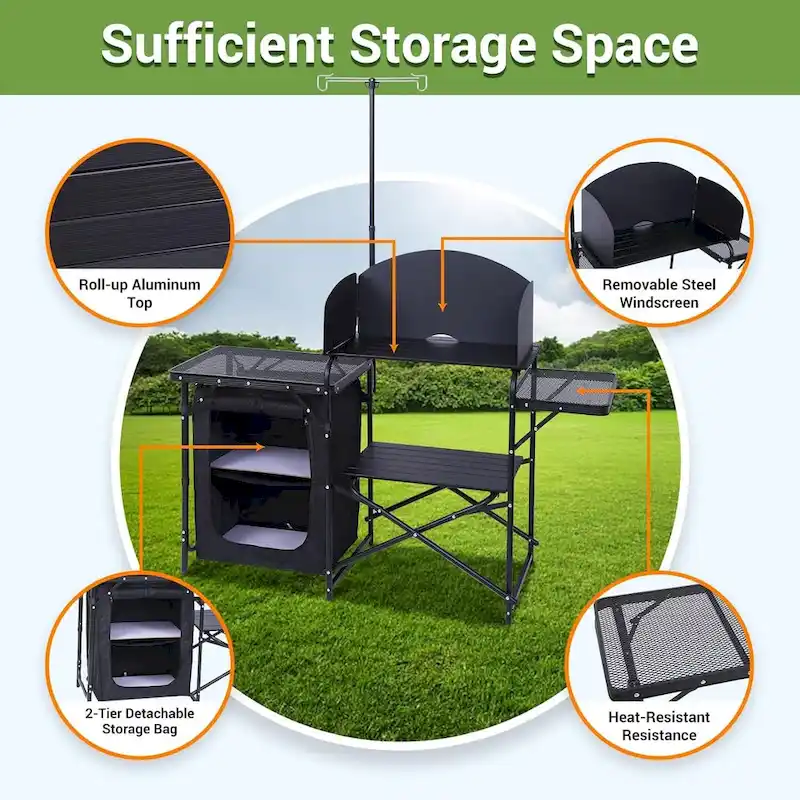 Camping Kitchen Station, Camping Table, Picnic Table, Grill Table Folding Table, Upgrade Light Stand & Windshield Cook Station