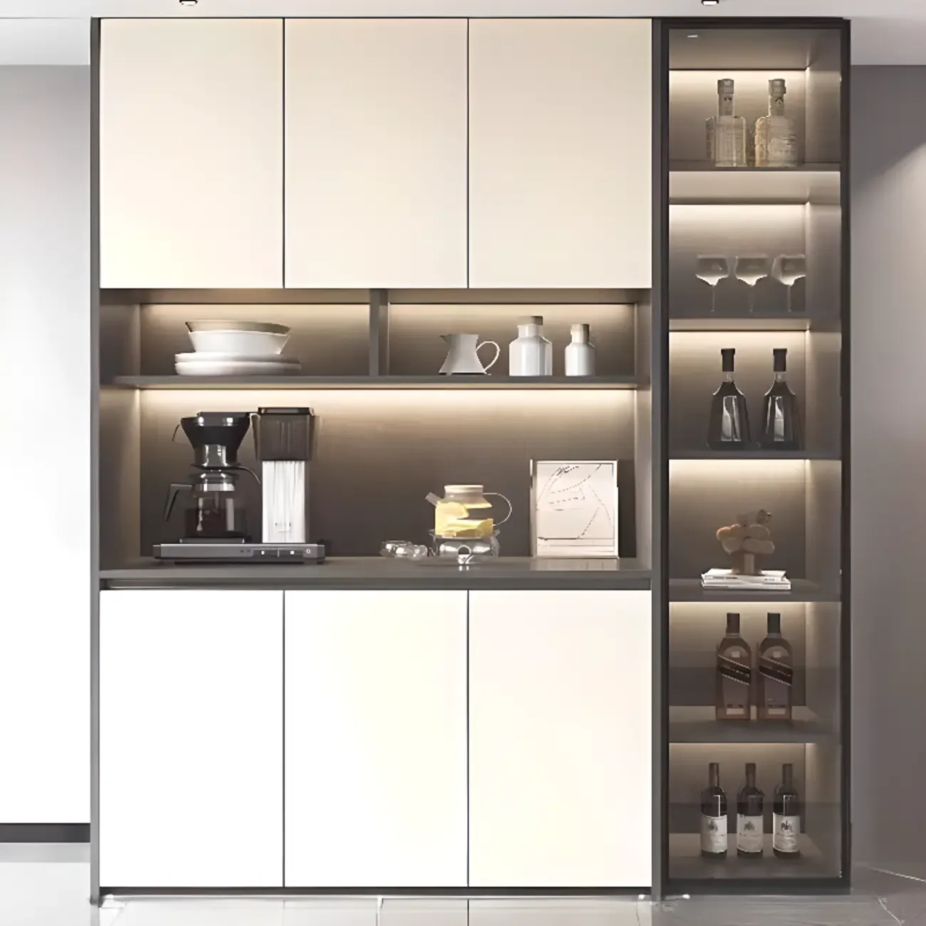 White Rectangular Multi-Shelves Glass Wood Wine Cabinet