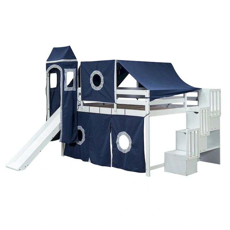 Blue Pine Wood Loft Bed with Storage Staircase and Slide, Tent and Tower, Full-Length Guardrail