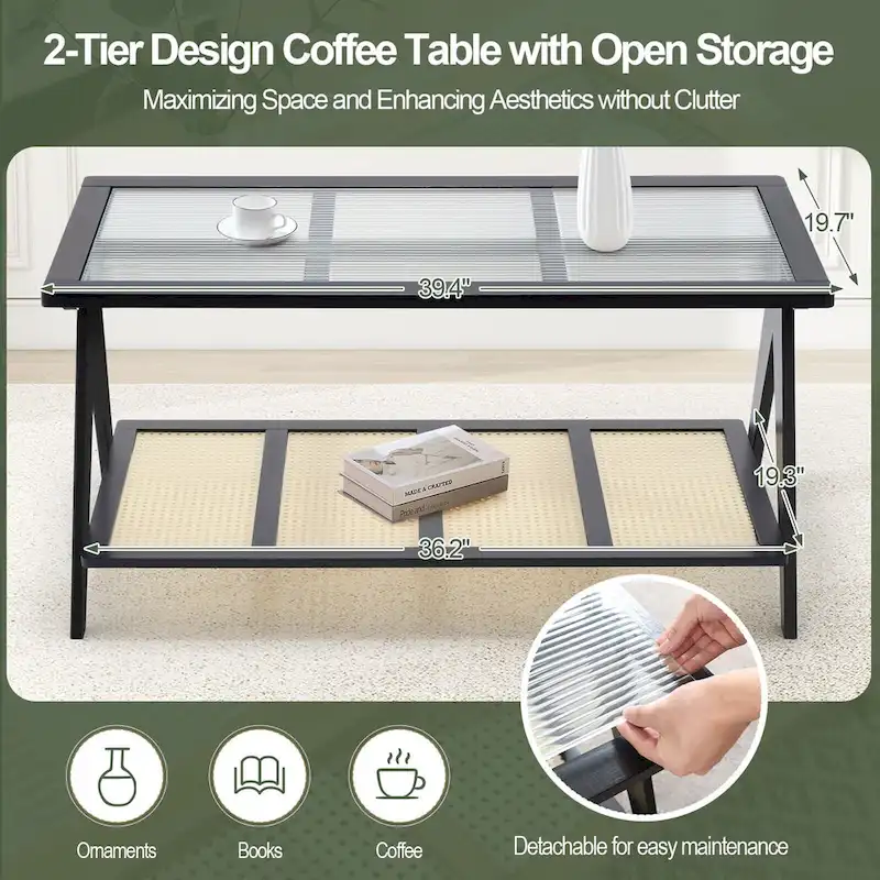2-Tier Rectangular Coffee Table, Glass Top Sofa Table - 39.4L x 19.7W x 19.7D