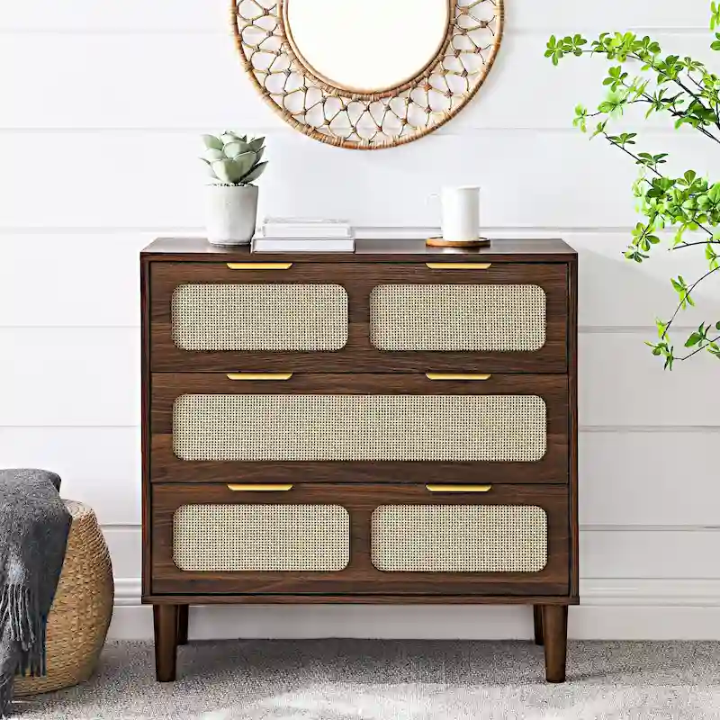 Farmhouse Rattan 3 Drawer Dresser, Wooden Wide Chest of Drawers with Metal Handles