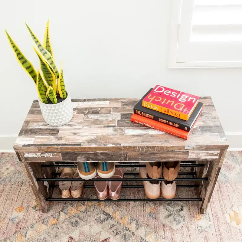 Danya B. Two-Tier Industrial Shoe Bench in Distressed Wood Finish