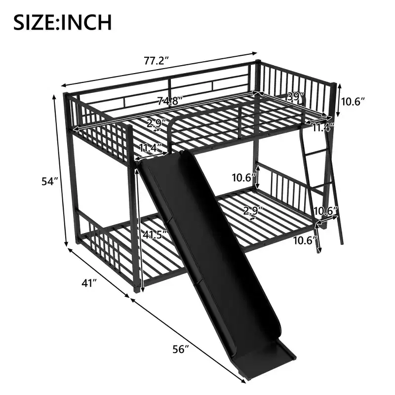 Modern Style Twin over Twin Metal Bunk Bed with Slide, Easy to Assemble