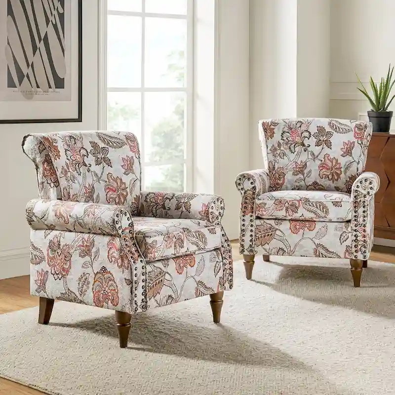 Nyctelius Traditional Polyester Accent Arm Chair with Pattern and Nailhead Trim Set of 2 by HULALA HOME