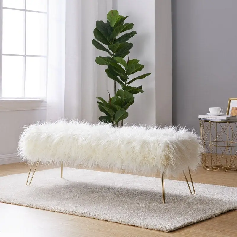 Contemporary Modern Faux Fur Long Bench Ottoman