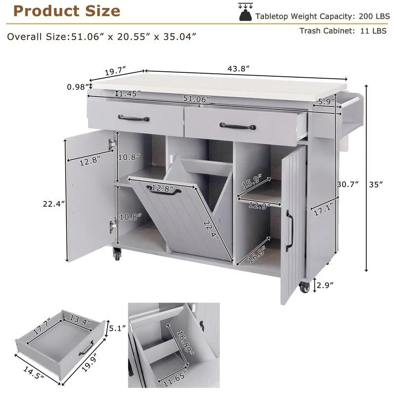 Rolling Kitchen Island with Trash Can, Kitchen Cart with Drop Leaf, Adjustable Shelf