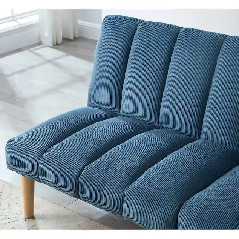 Corduroy Fabric, Wooden Legs Convertible Sofa Bed (Color:Blue)