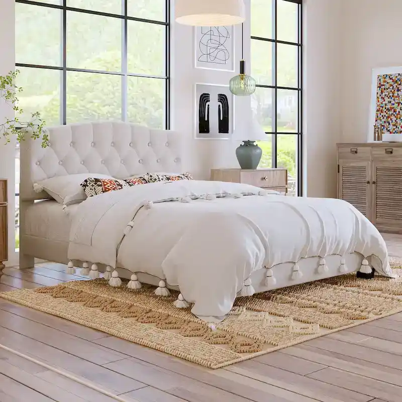 Upholstered Platform Bed Frame with Curved Saddle Headboard and Diamond-Tufted Details