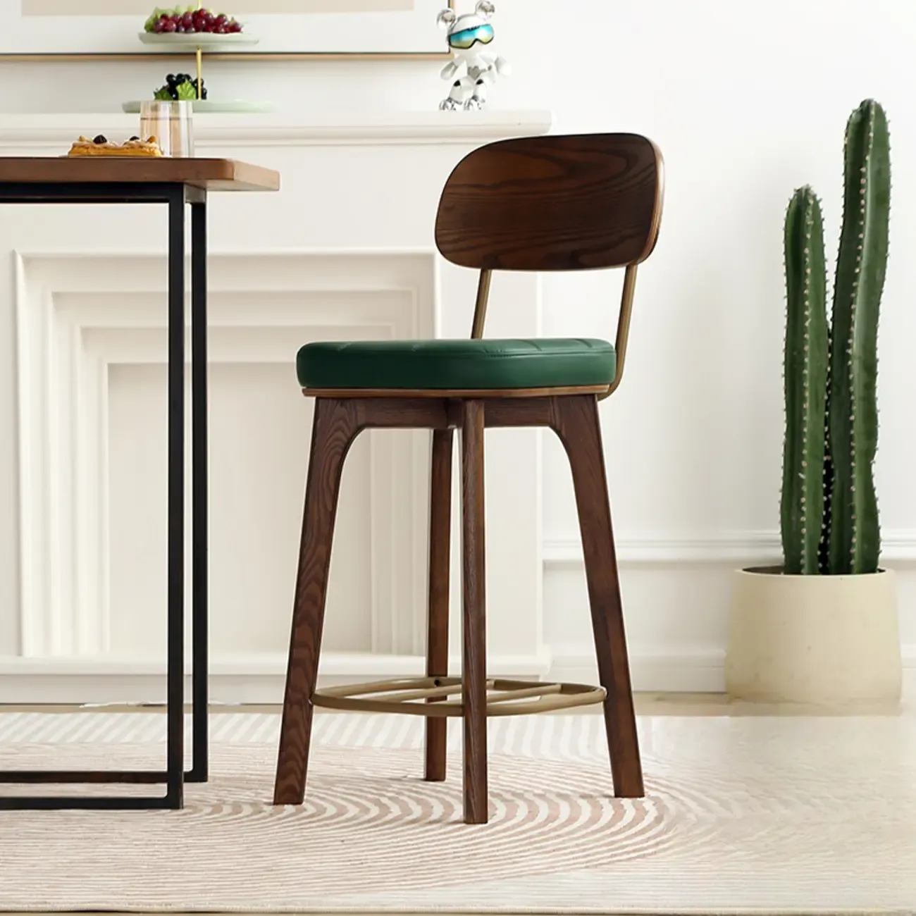 Wooden Square Leather Upholstered Bar Stool with Backrest