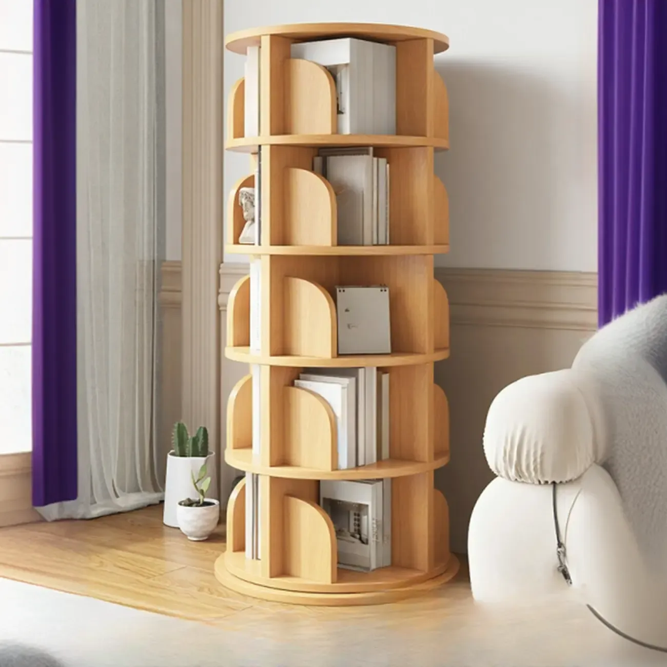 Modern Wooden Rotating Bookshelf for Home Office