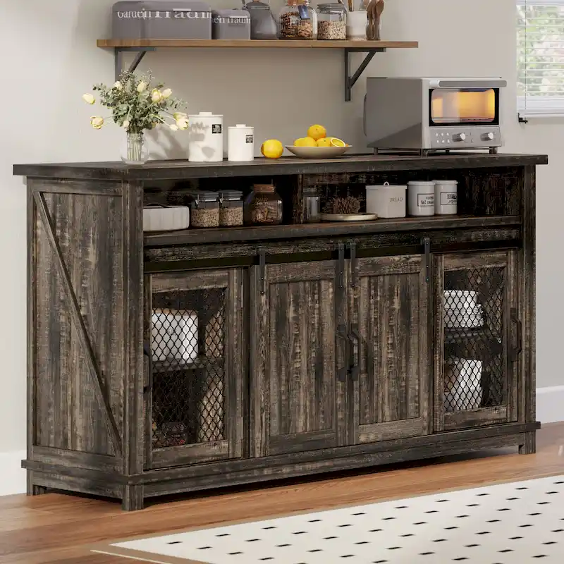 Brown Oak / Gray Oak Sideboard Buffet Cabinet with 2 Sliding Barn Doors & 2 Grid Doors