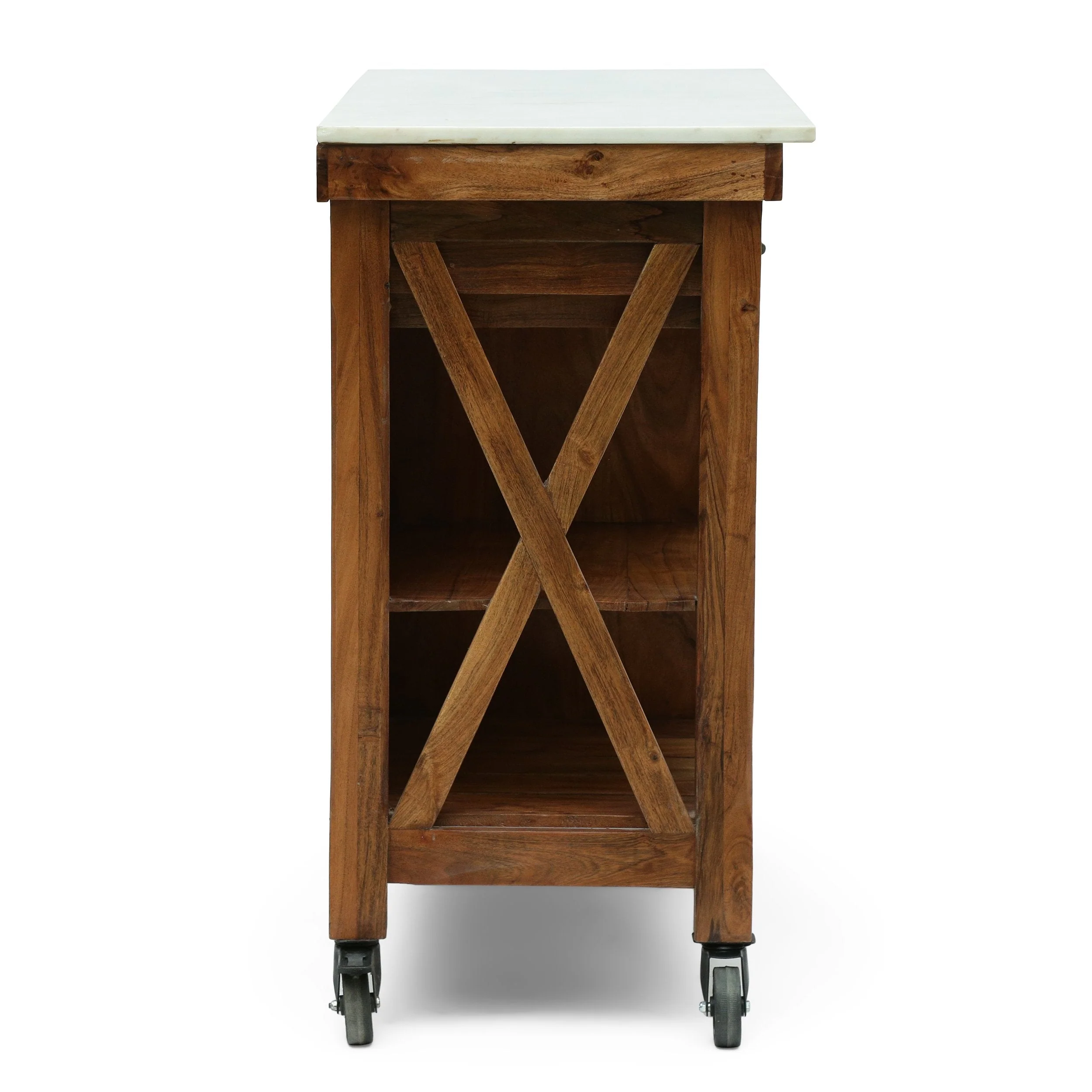 Rustic Glam Handcrafted Marble Top Acacia Wood Kitchen Cart with Wheels, Natural and Natural White - NH297413