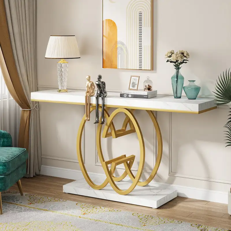 55 Inch Faux Marble Console Table Gold Sofa Table for Entryway