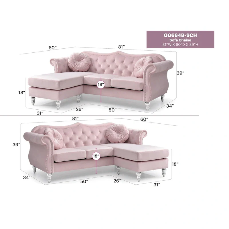 81 in. Velvet Chesterfield Sectional Sofa with 2-Throw Pillow - 81L x 35W x 34H