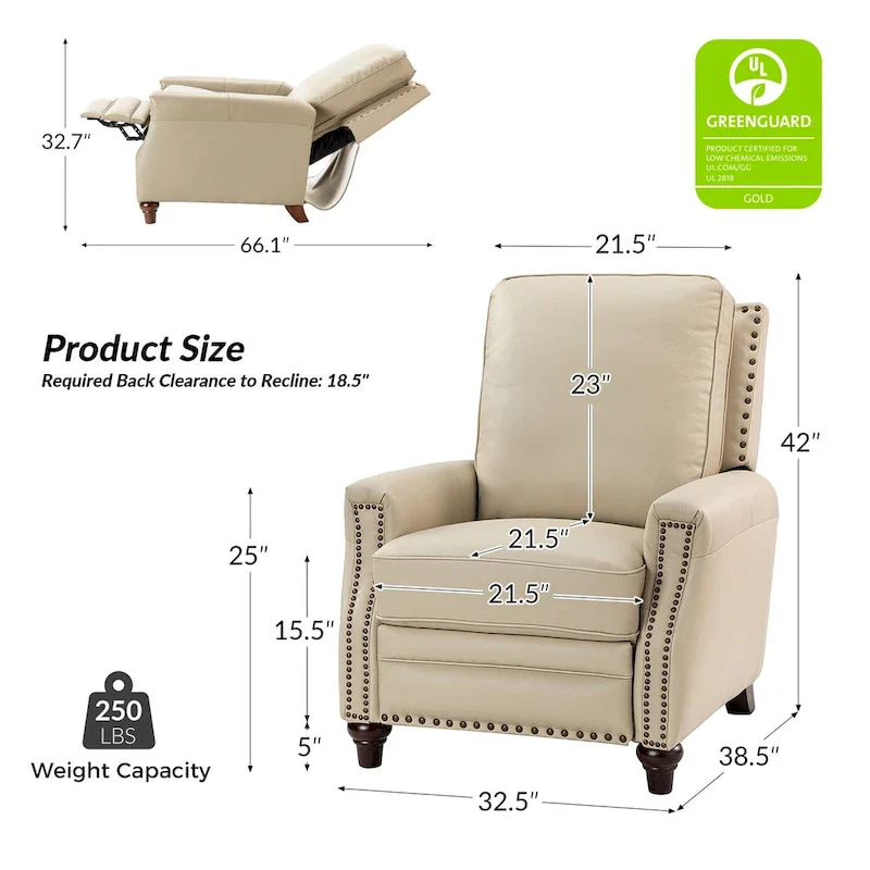 Mid-century Modern Genuine Leather Recliner with Nailhead Trim Set of 2