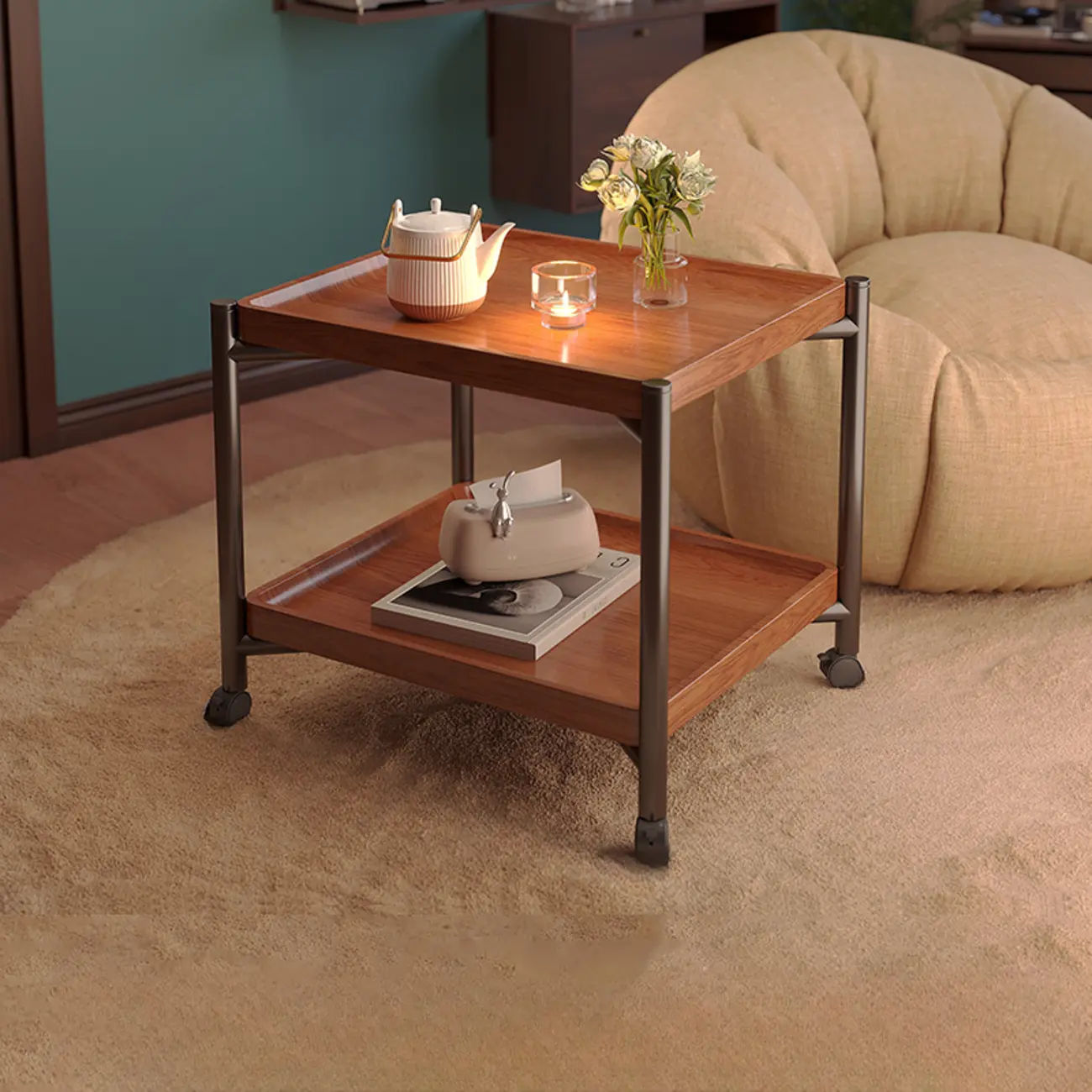 Modern Round 2-Tier Wooden End Table with Storage