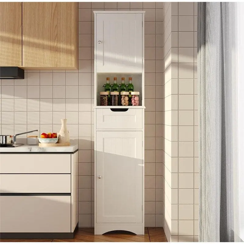 67 H Tall Bathroom Cabinet Narrow Linen Tower, Storage Cabinet with 2 Doors & Drawer