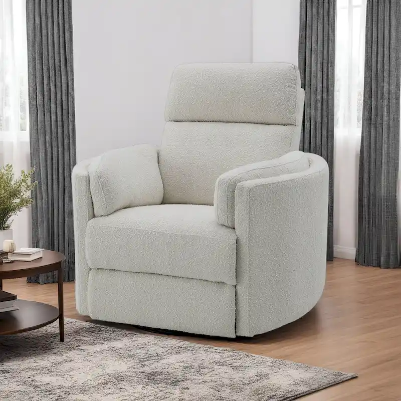 Siri Swivel Glider Recliner Chair, Plush Beige Boucle, Soft Cushioned